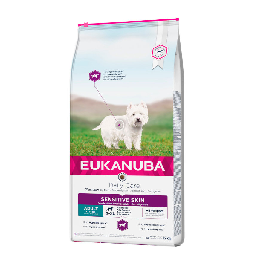 2 x 12 kg Eukanuba Adult Daily Care Sensitive Skin ração para cães Pack poupança!