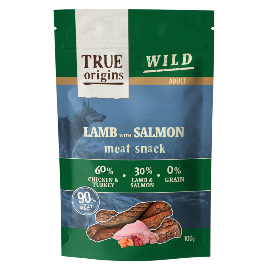 True Origins Tiras Wild Adult Borrego e Salmão para cães