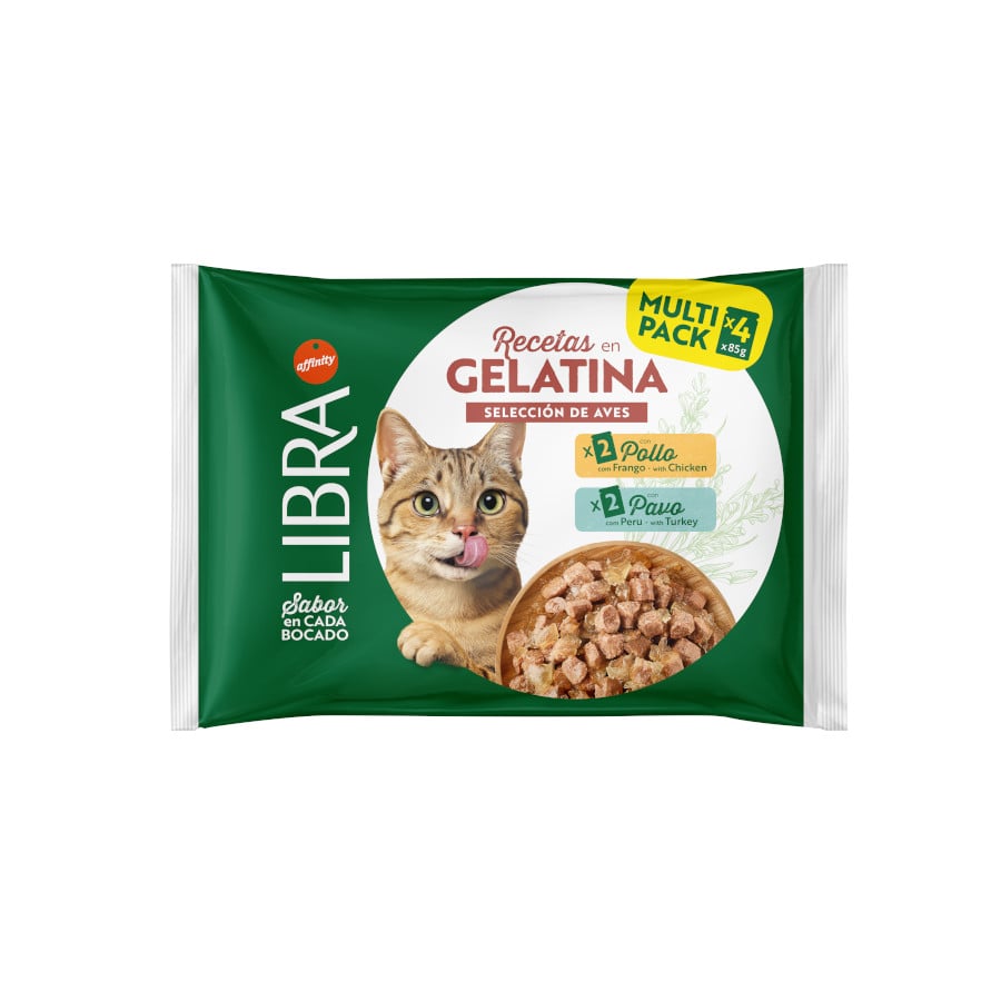 0.34 KG 4 paquetas x 85 g Libra Comida húmida de frango e peru em gelatina para gatos