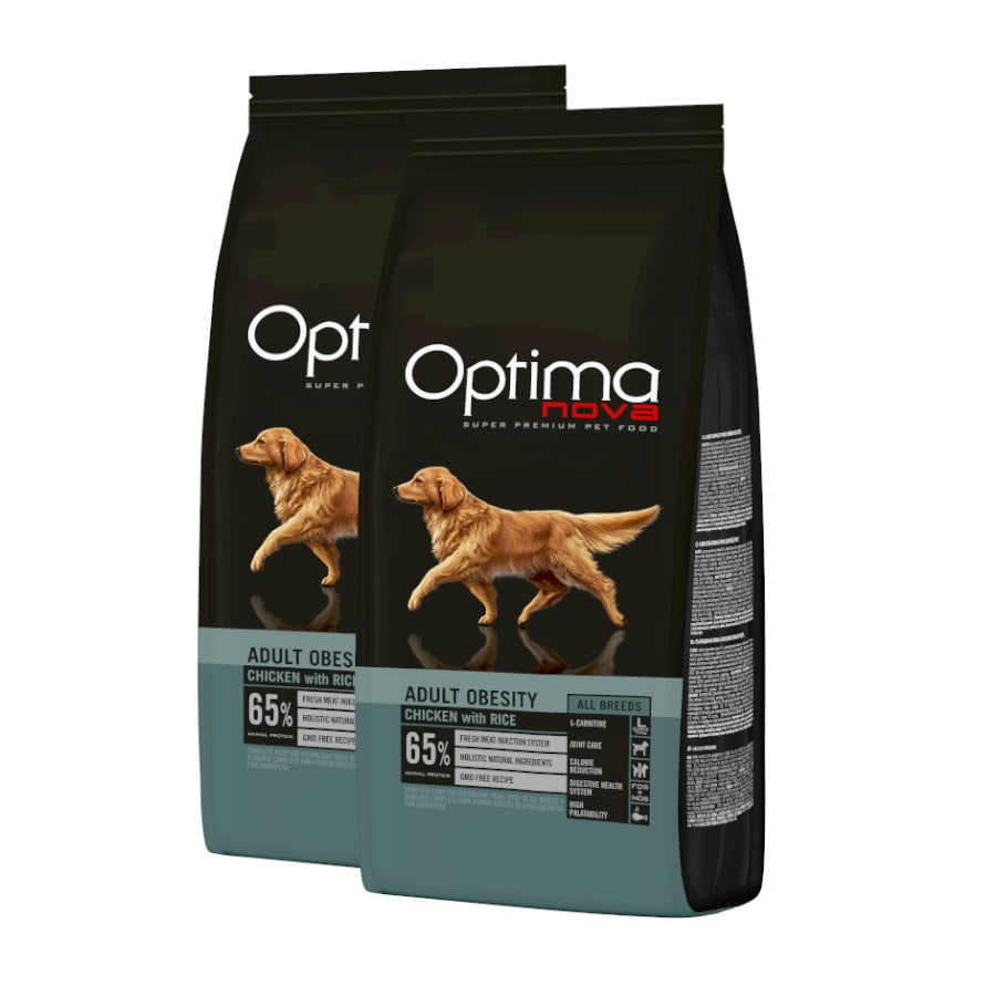 2 x 12 kg Optima Nova Adult Obesity Frango ração para cães Pack poupança!