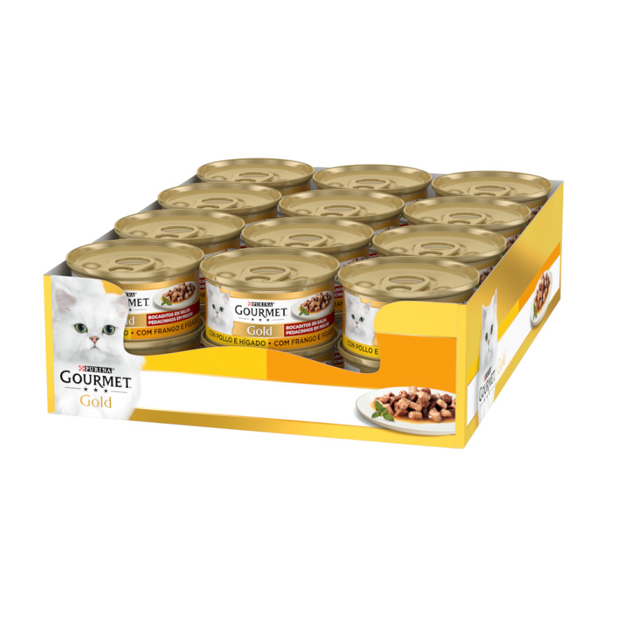 48 latas x 85 g Gourmet Gold Alimento húmido de frango e fígado para gatos Pack Poupança!