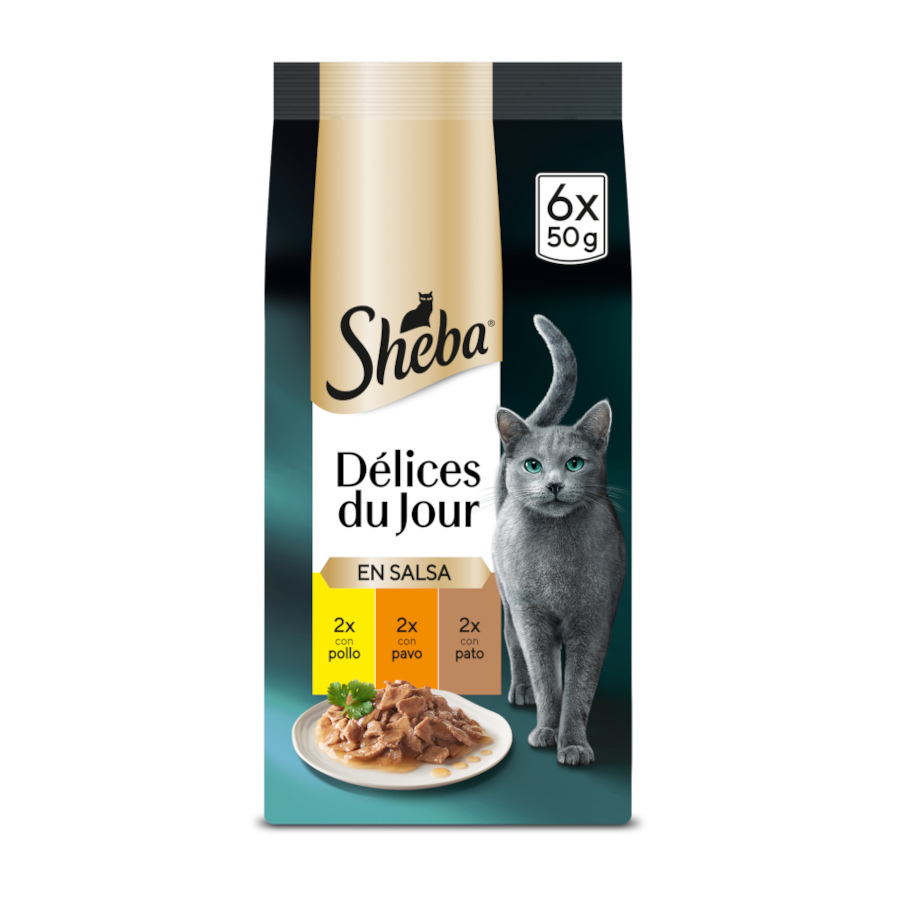 24 saquetas x 50 g Sheba Délices du Jour em Frango, Peru e Molho de Pato comida húmida para gatos - Pack poupança!