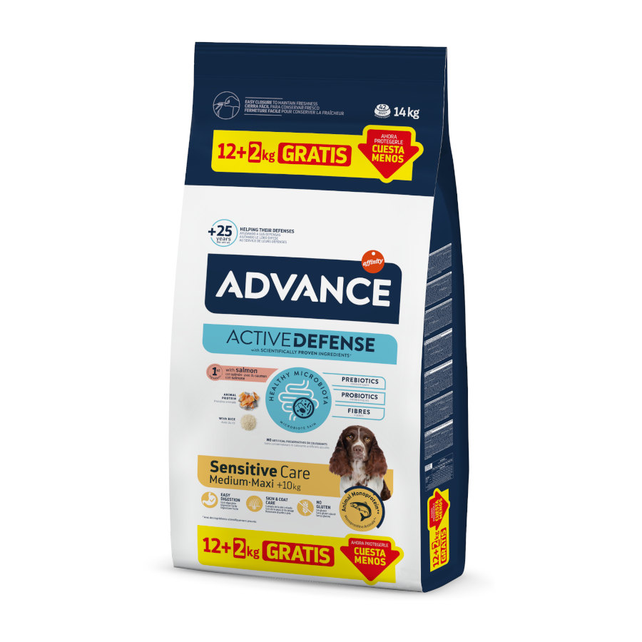 14 KG 14 kg (12 + 2 kg grátis!) Advance Active Defense Medium Maxi Sensitive Salmão e Arroz ração para cães