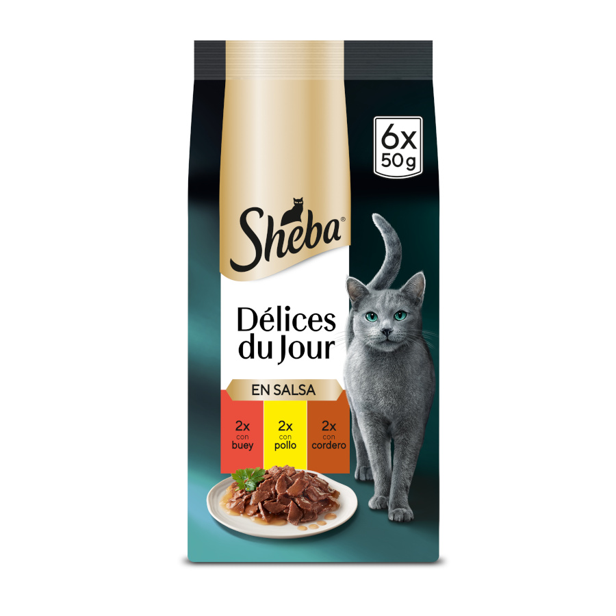 0.3 KG 6 saquetas x 50 g Sheba Délices du Jour em Molho de Carne, Frango e Cordeiro ração húmida para gatos