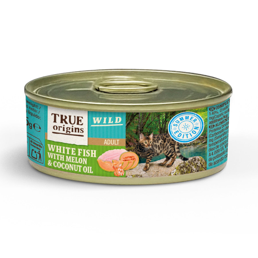 12 latas x 85 g True Origins Wild Summer Peixe Branco com Camarão, Melão e Óleo de Coco em lata para gatos Pack poupança!