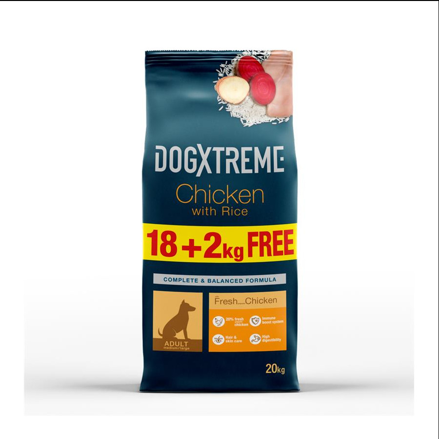 20 KG 20 kg (18 + 2 kg gratis!) Dogxtreme Adult Frango e Arroz ração para cães