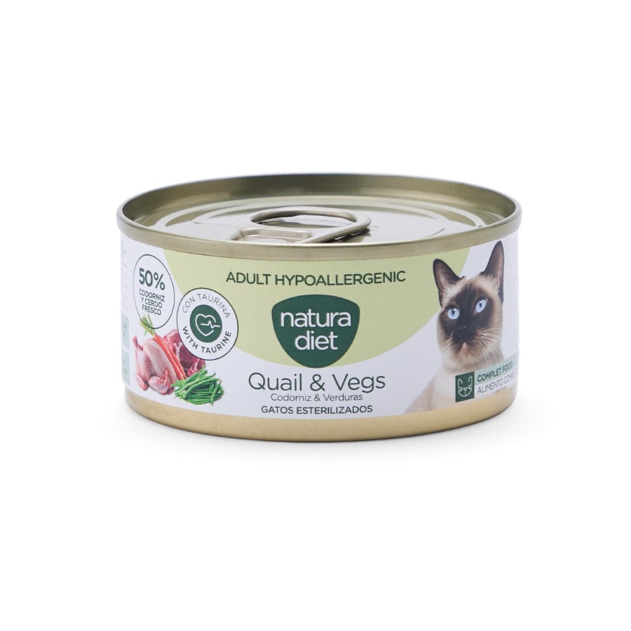 0.085 KG Natura Diet Adult Hypoallergenic Comida Húmida de Codorniz e Legumes em Lata para gatos