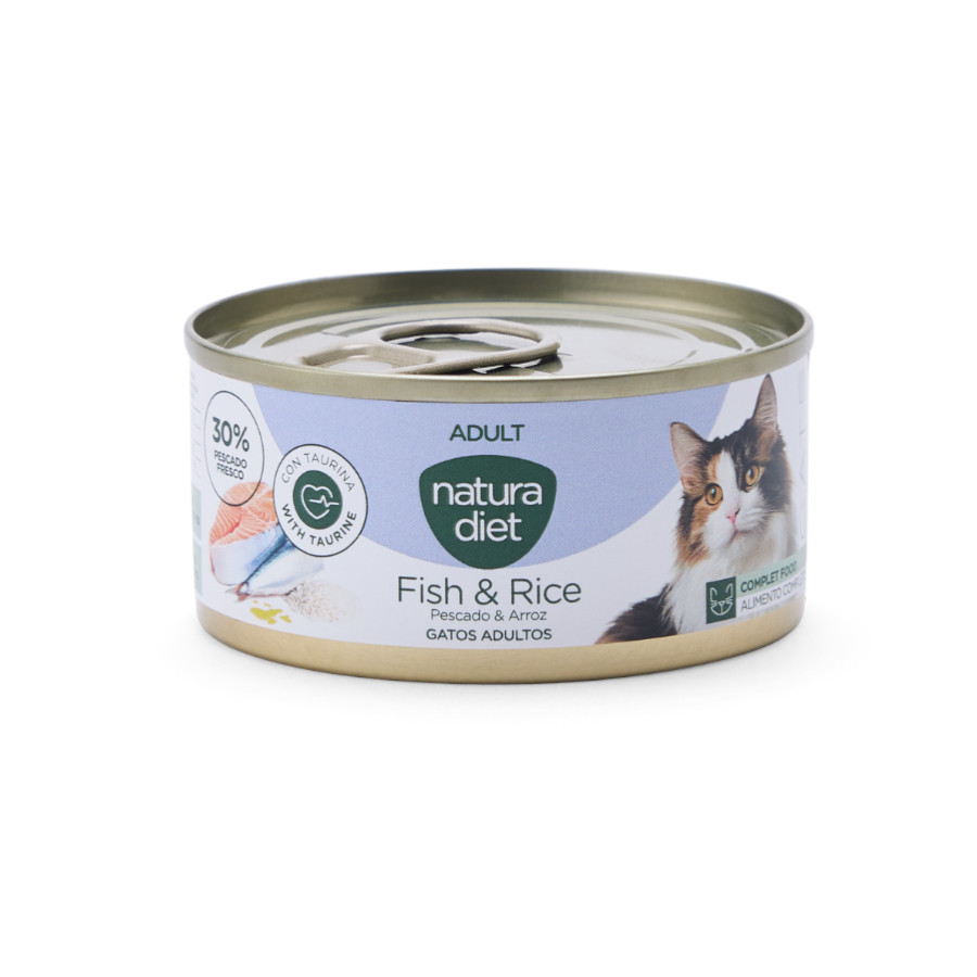 0.085 KG Natura Diet Adult Comida Húmida de Peixe e Arroz em Lata para gatos