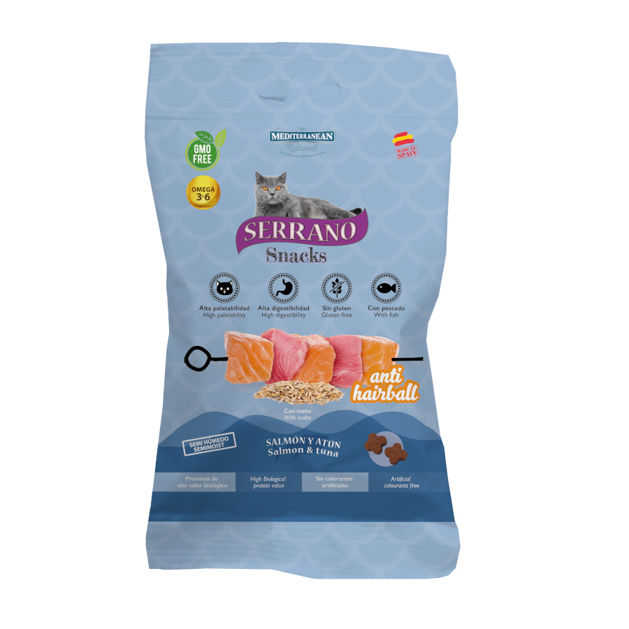 0.05 KG Serrano Snacks Anti Bolas de Pelo de Salmão e Atum para gatos