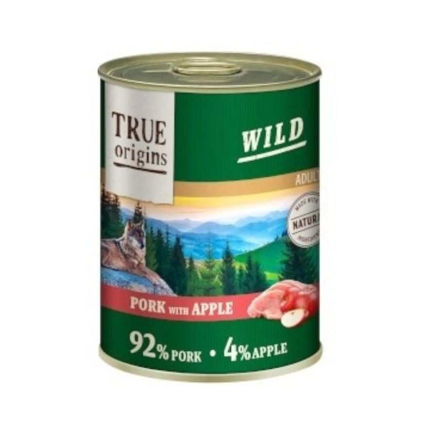 12 latas x 400 g True Origins Adult Wild Porco e Maçã lata para cães Pack poupança!