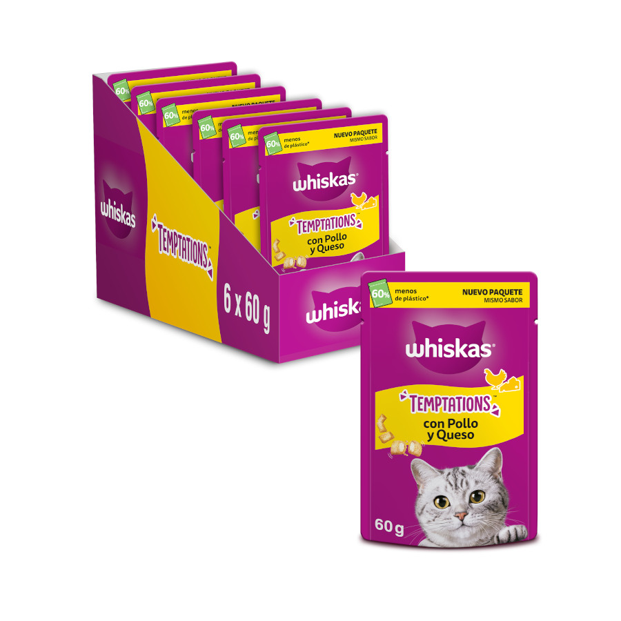 6 pacotes x 60 g Whiskas Temptations Snacks Frango e Queijo para Gatos