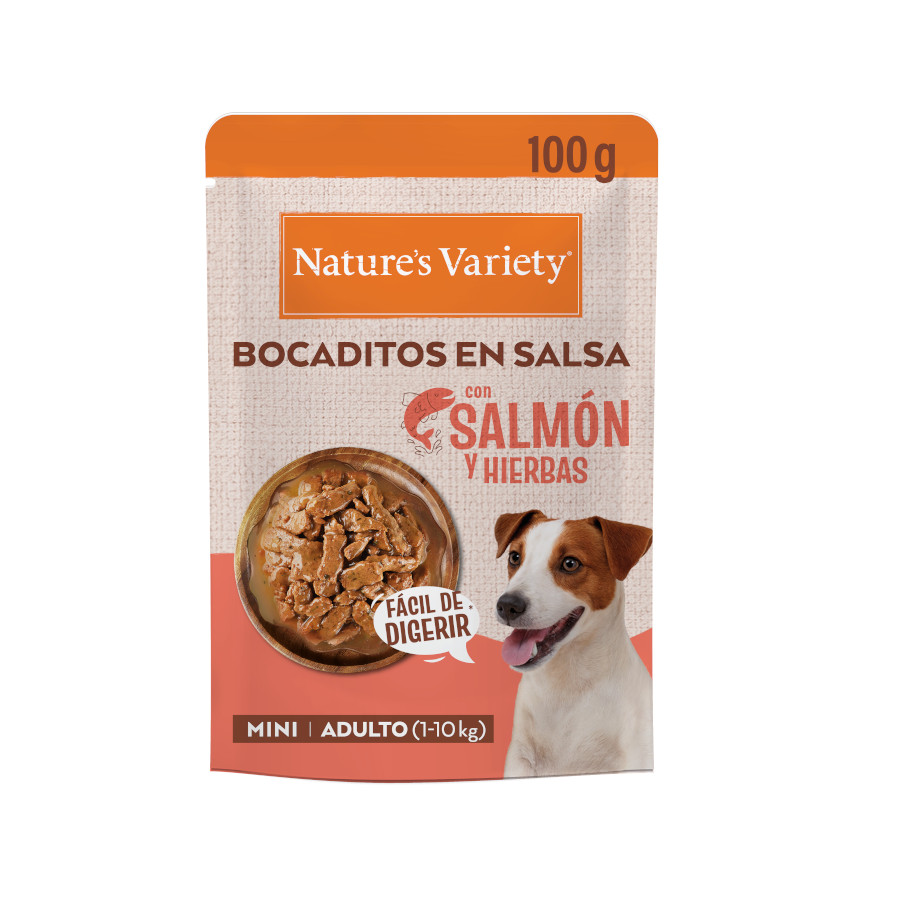0.1 KG 100 gr Nature's Variety Bocaditos Salmón Sobre en Salsa para perros adultos mini