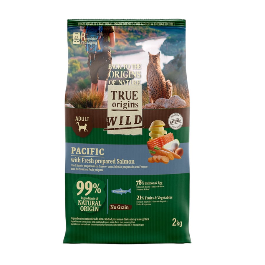 2 kg True Origins Wild Adult Pacific Salmão ração para gatos