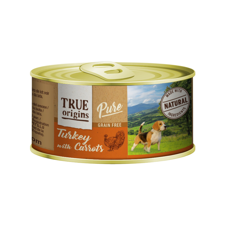 12 latas x 185 g True Origins Pure peru com cenouras em lata para cães Pack poupança!