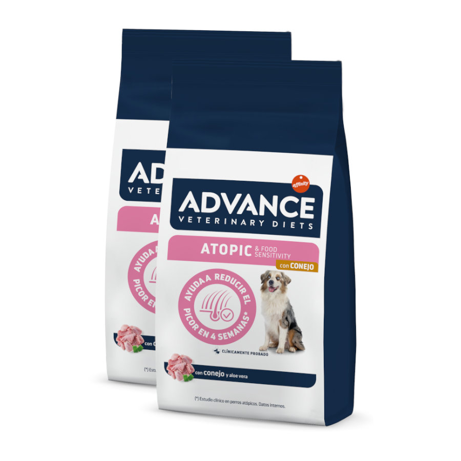 2 x 12 kg Advance Veterinary Diets Atopic Coelho e Ervilhas ração para cães Pack poupança!