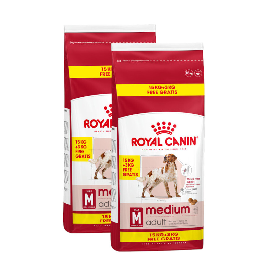 2 x 18 kg (15 + 3 kg grátis!) Royal Canin Medium Adult ração para cães Pack poupança!