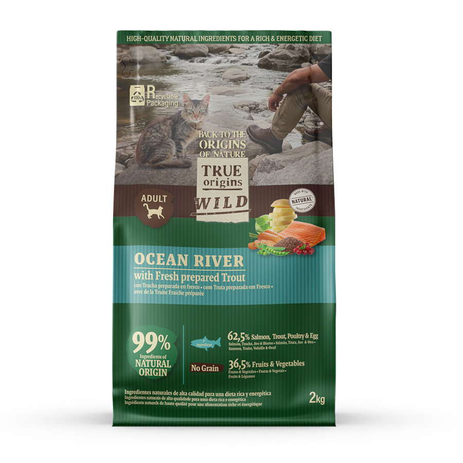 6 KG 6 kg True Origins Wild Ocean River Salmão e Truta ração para gatos