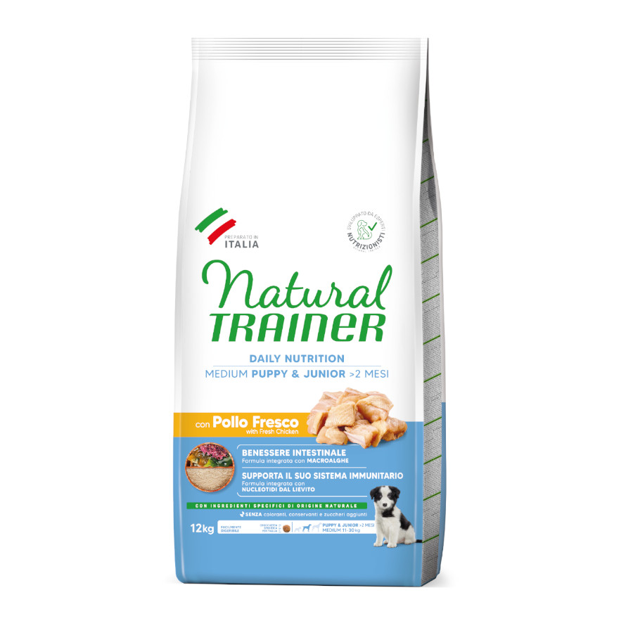 12 KG Natural Trainer Puppy&Junior Medium Frango ração para cães
