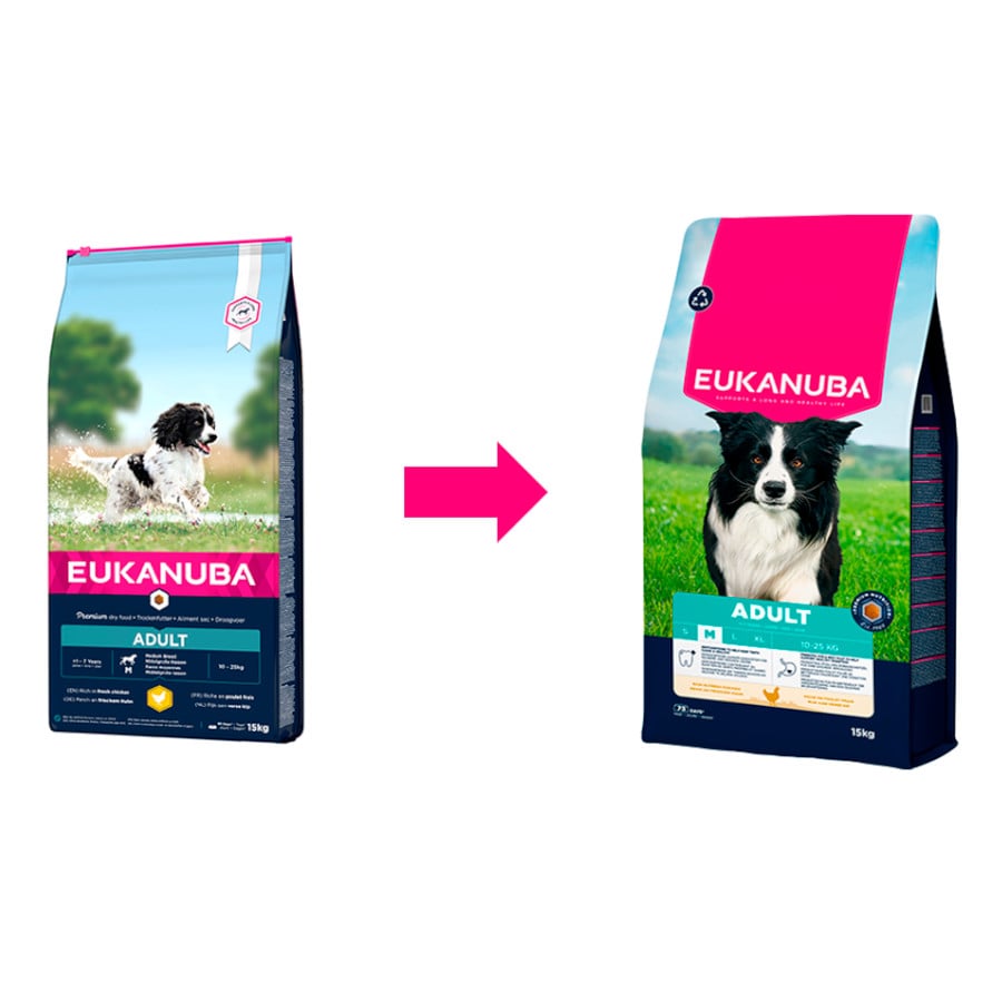 2 x 15 kg Eukanuba Adult Medium Frango para cães Pack poupança!