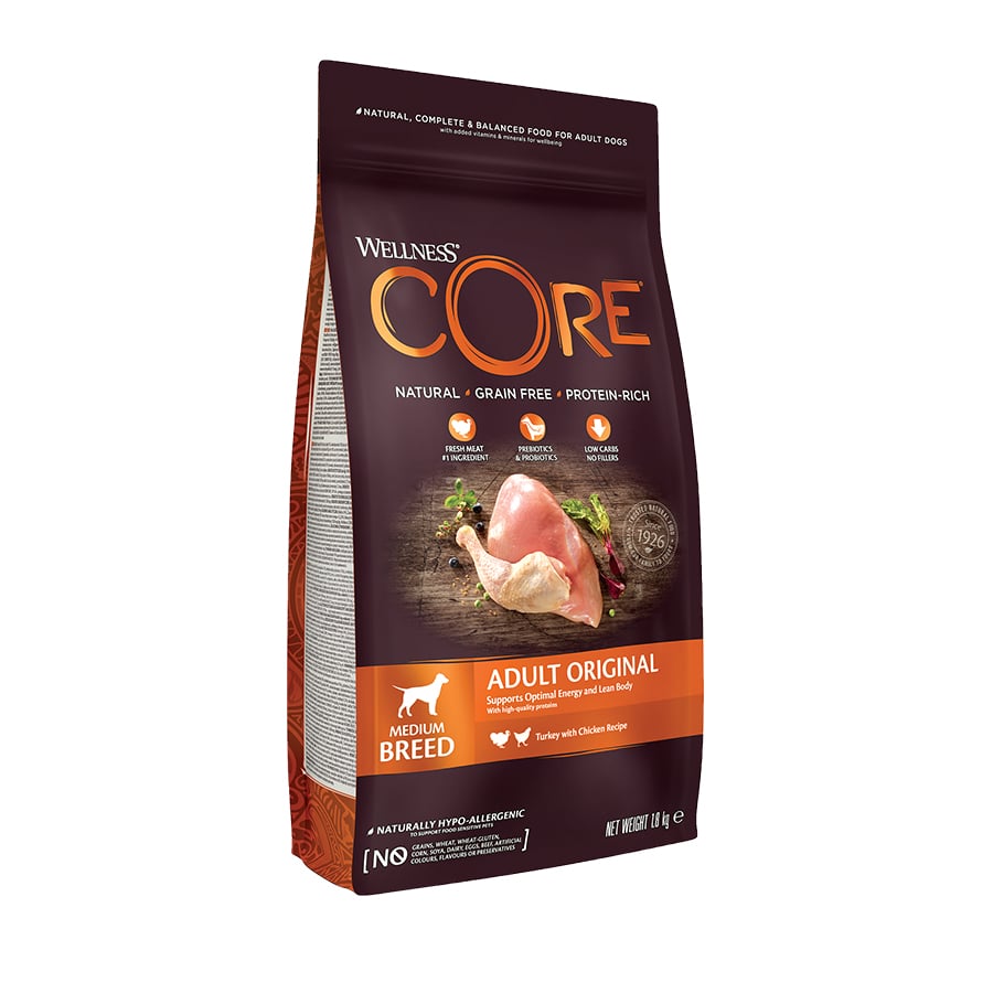 2 x 10 kg Wellness Core Adult Medium Original Peru e Frango ração para cães Pack poupança!