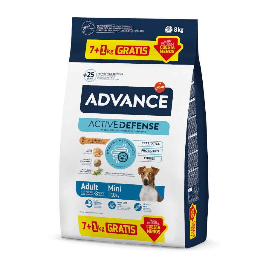 8 KG 8 kg (7 + 1 kg grátis!) Advance Active Defense Mini Adult Frango e Arroz ração para cães