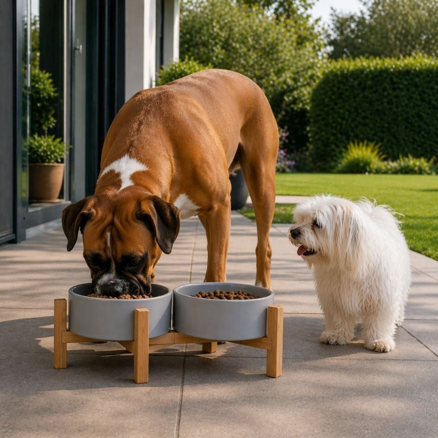 Leeby Comedouro Duplo em Cerâmica com Suporte de Madeira para cães