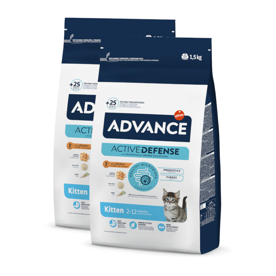 2 x 1.5 kg Advance Active Defense Frango e Arroz ração para gatinhos Pack poupança!