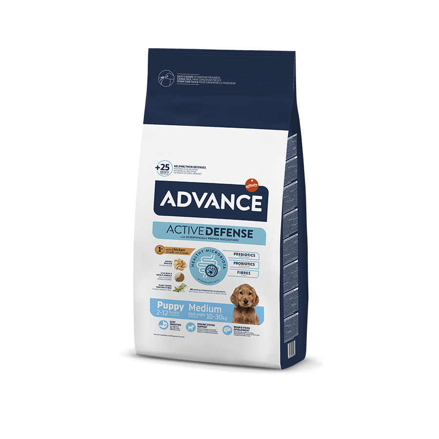 2 x 12 kg Advance Active Defense Medium Puppy Frango e Arroz ração para cães Pack poupança!