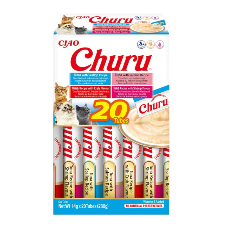 20 saquetas x 14 g Churu Variedades de Atum e Marisco Snack Líquido para gatos