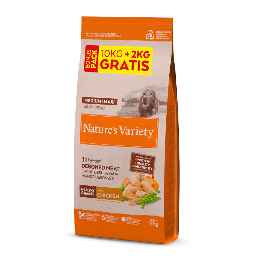 12 kg (10 +2 kg grátis!) Nature's Variety Healthy Grain Adult Medium Maxi Frango ração para cães