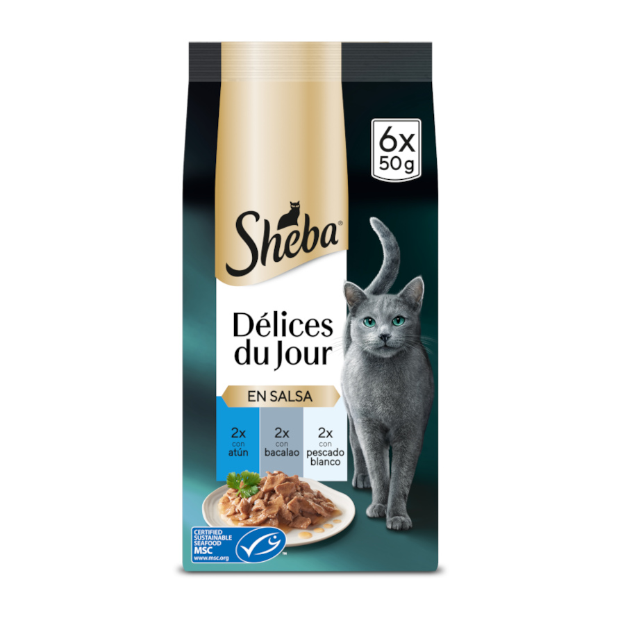48 saquetas x 50 g Sheba Délices du Jour em Atum, Bacalhau e Molho de Peixe Branco ração húmida para gatos - Pack poupança!
