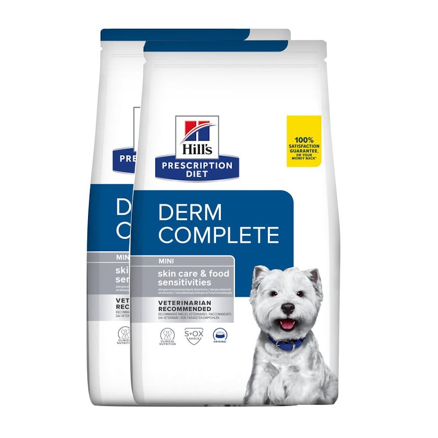 2 x 1 kg Hill's Prescription Diet Derm Complete Mini ração para cães Pack poupança!