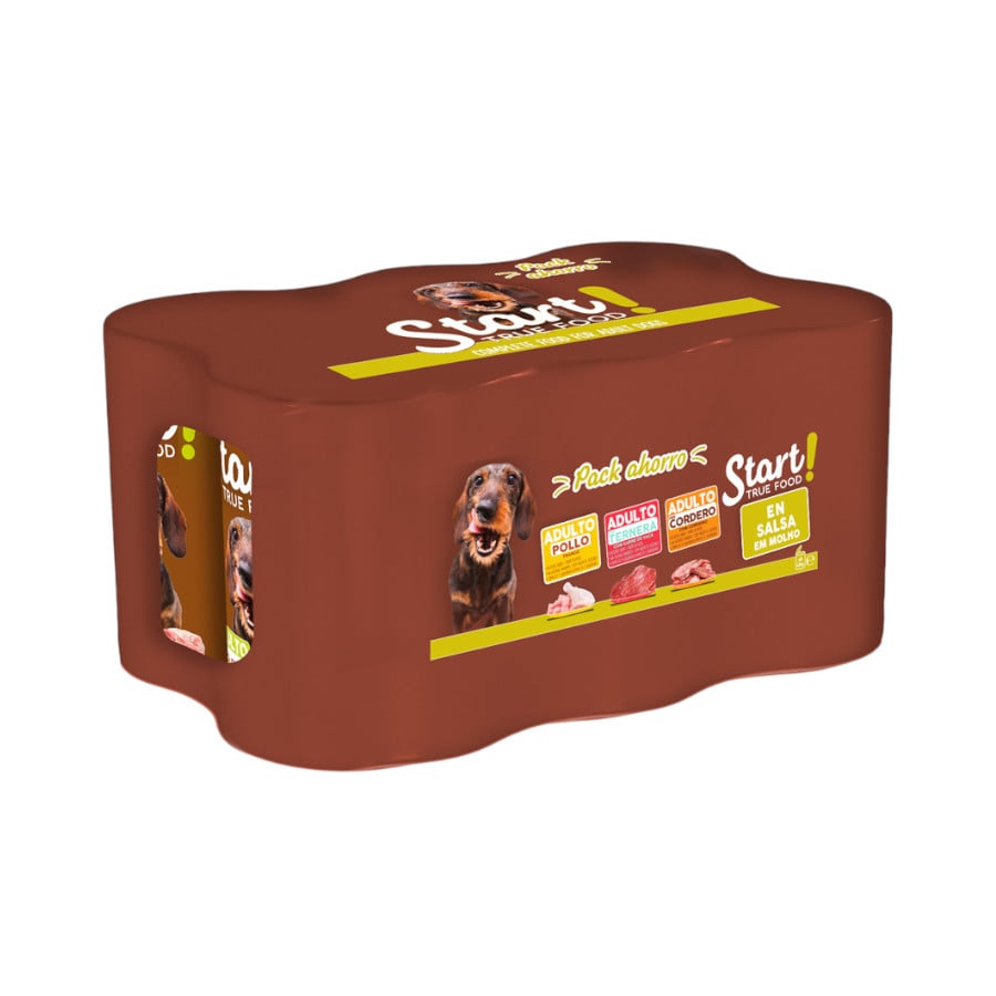 2.4 KG Start! Adulto Frango, Vitela e Cordeiro em Molho lata para cães - Multipack 6
