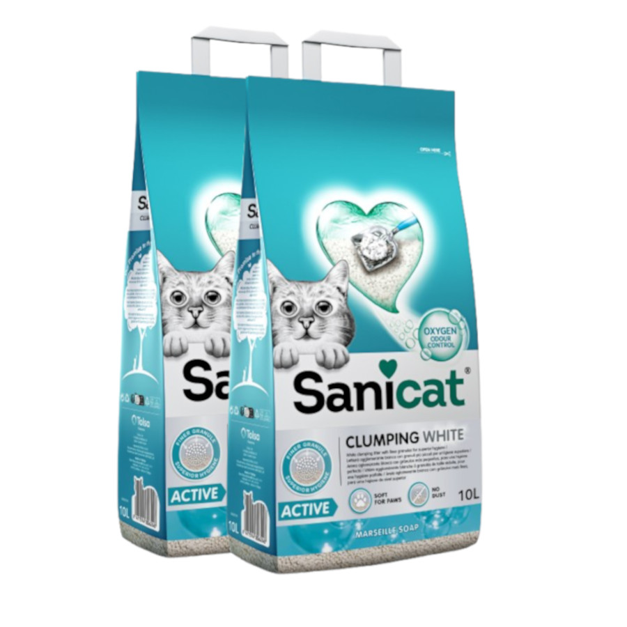 2 x 10 L Sanicat Cumpling White Active Areia para gatos Pack poupança!