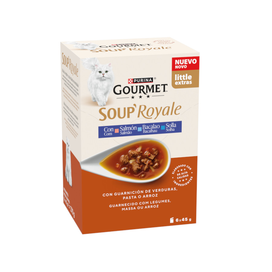 6 saquetas x 45 g Gourmet Soup Royale Salmão, Bacalhau e Solha Sopa para gatos - Multipack