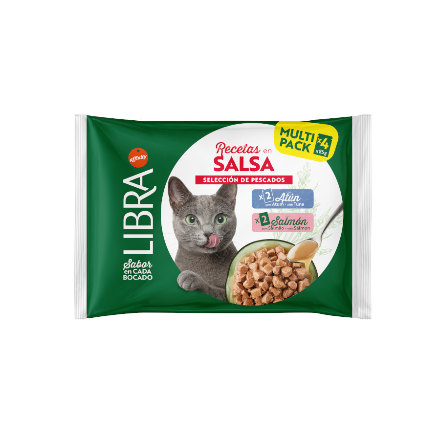 0.34 KG 4 paquetas x Libra Comida húmida de salmão e atum em gelatina em saquetas para gatos