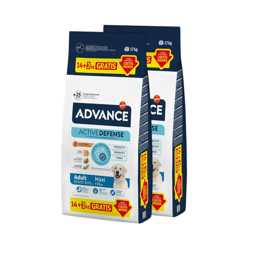 34 kg (28 + 6 kg grátis!) Advance Active Defense Maxi Adult Frango e Arroz ração para cães Pack poupança!