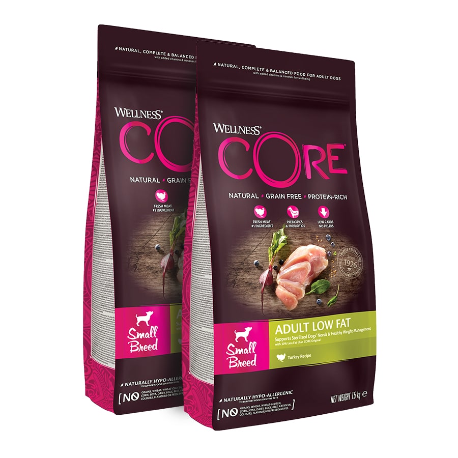 2 x 1.5 kg Wellness Core Adult Small Healthy Peru ração para cães  Pack poupança!