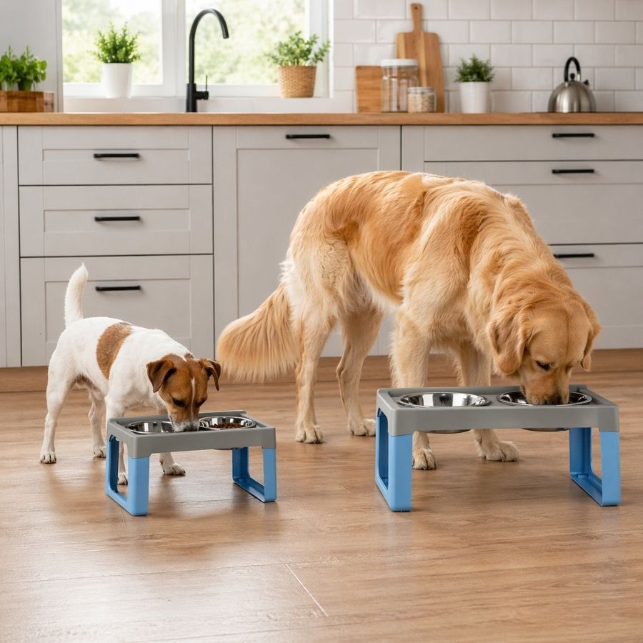 Leeby Comedouro Duplo Azul em Aço Inoxidável para cães