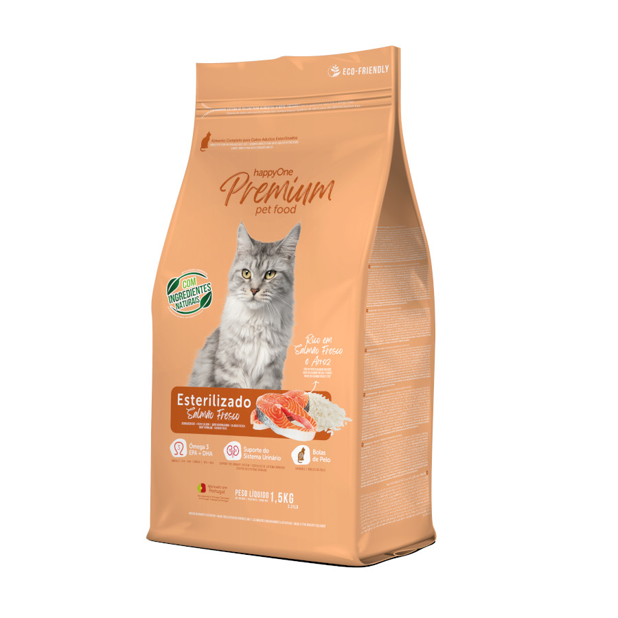 happyOne Premium ração de salmão para gatos esterilizados