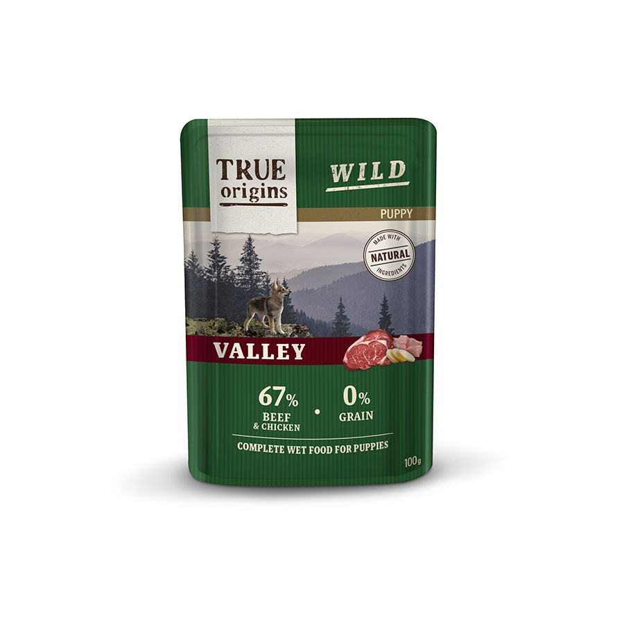 24 saquetas x 100 g True Origins Wild Puppy Valley Vitela e Frango saquetas para cães Pack poupança!