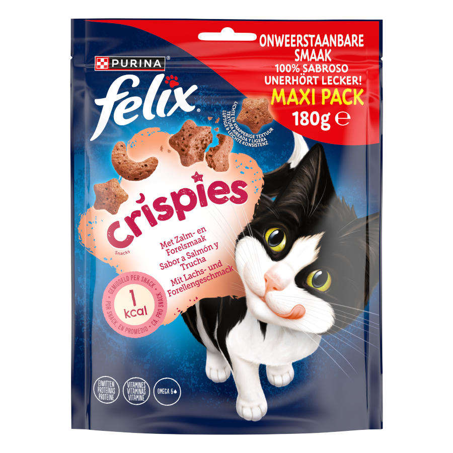 6 pacotes x 180 g Felix Crispies Snacks de Salmão e Truta Maxi Pack para gatos Pack poupança!