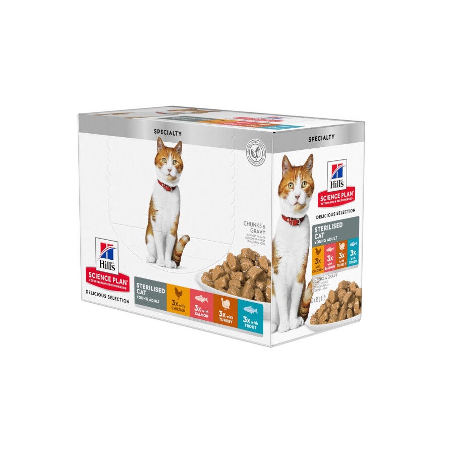 12 saquetas x 85 g Hill's Young Adult Science Plan Sterilised Carne e Peixe saqueta para gatos - Multipack 12