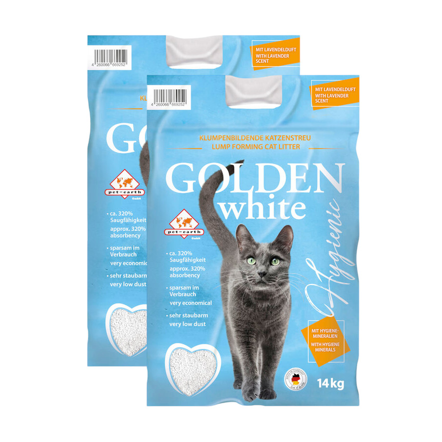 2 x 14 kg Golden White Areia Aglomerante lavanda para gatos Pack poupança!