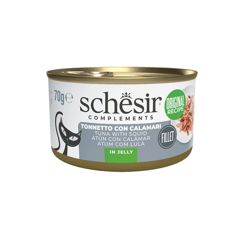 12 latas x 70 g Schesir Atum com Lula em Gelatina lata para gatos Pack Poupança!