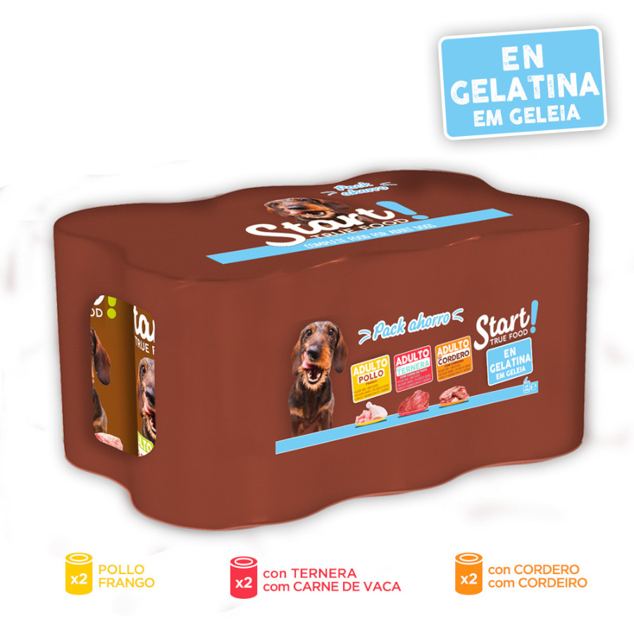 24 latas x 400 g Start! Adulto Frango, Vitela e Cordeiro em Gelatina para cães Pack Poupança!