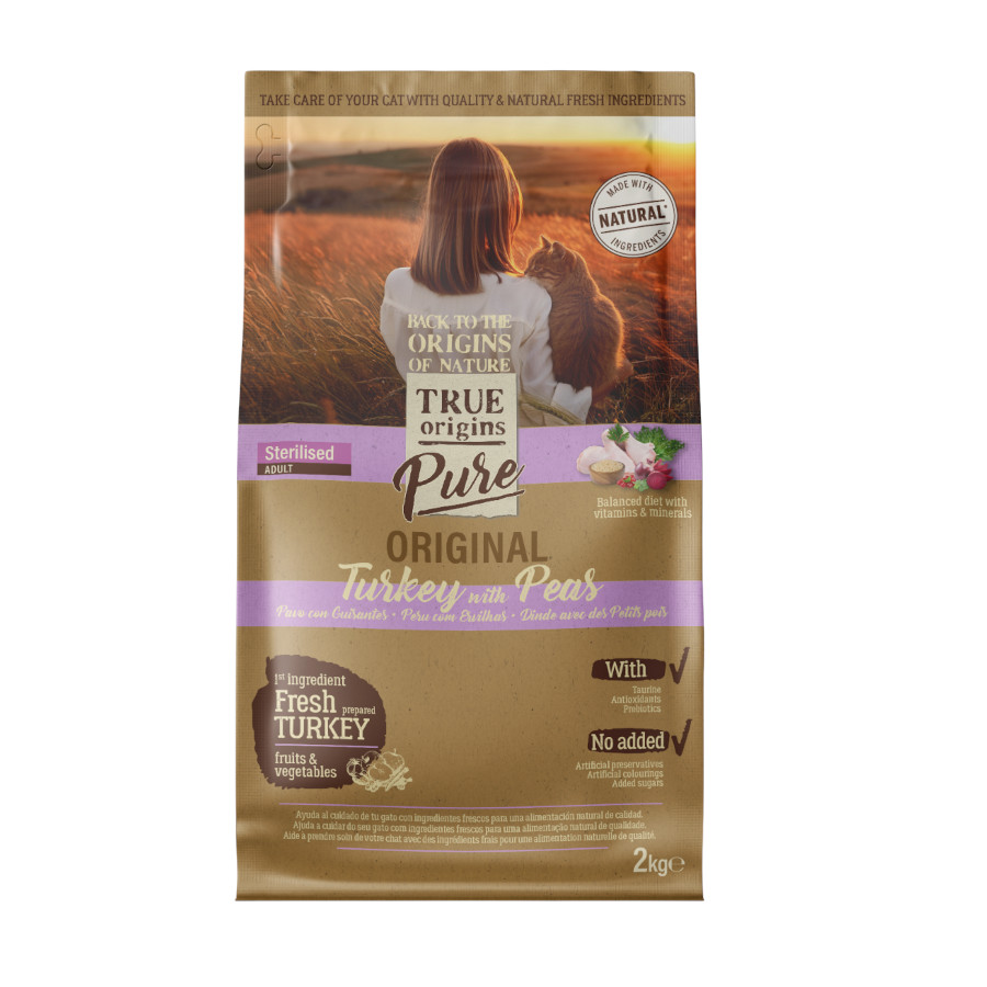 2 kg True Origins Pure Adult Sterilised Pavo pienso para gatos