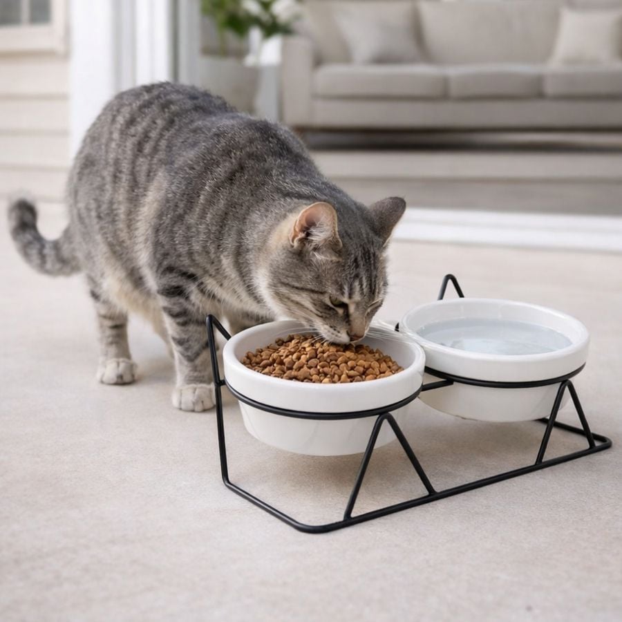 Leeby Comedouro Duplo de Cerâmica Branco para gatos