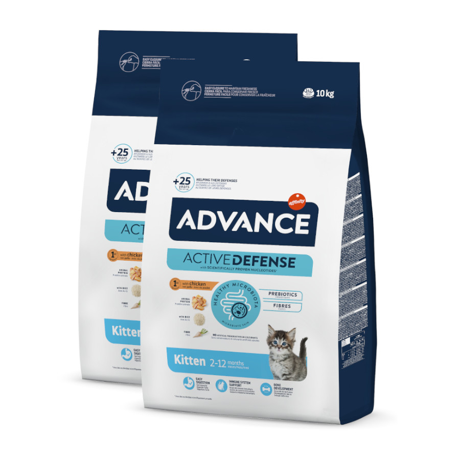 2 x 10 kg Advance Active Defense Frango e Arroz ração para gatinhos Pack poupança!