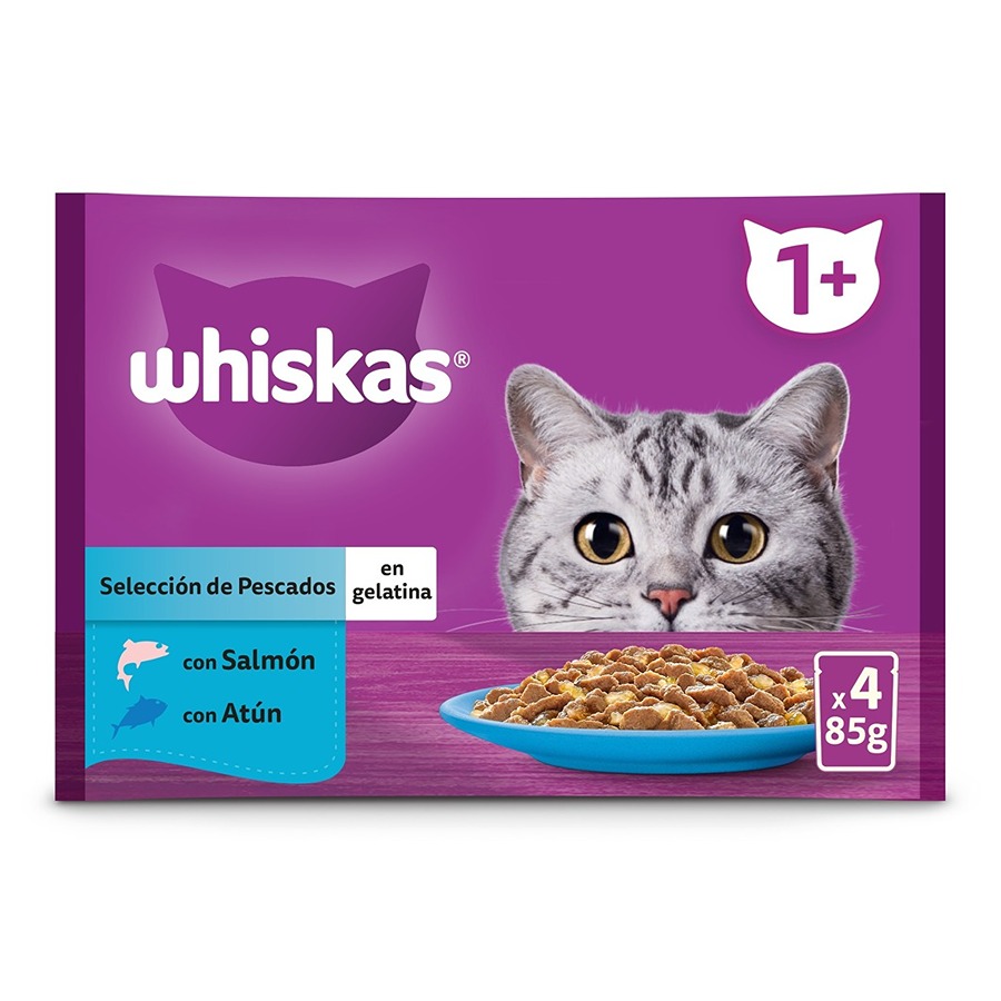 48 saquetas x 85 g 4 saquetas x 85 g Whiskas Peixes Geleia em Saqueta para GatosPack poupança!